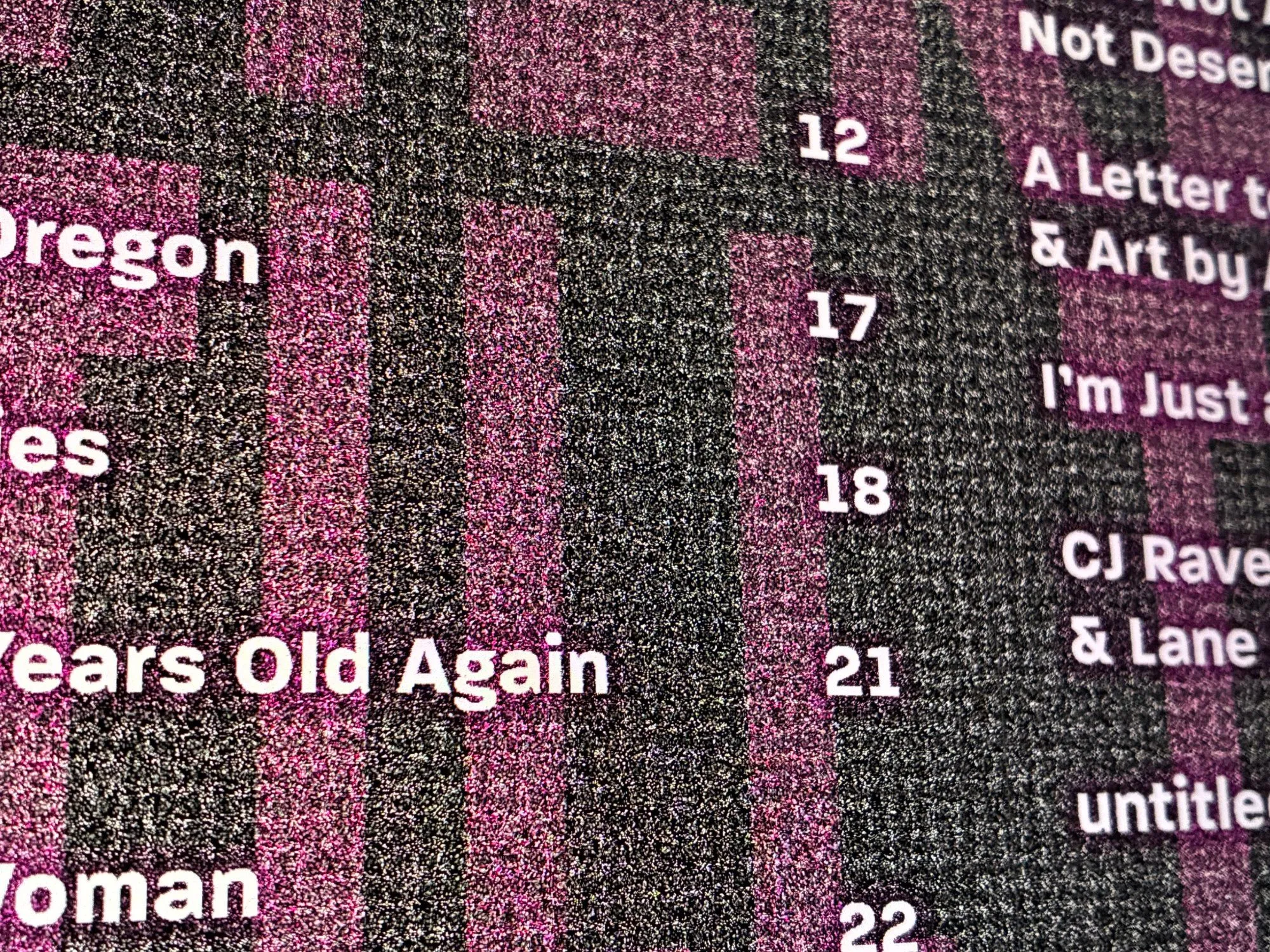 Close-up of the Pansy Magazine table of contents with page numbers and article titles on a purple and black patterned background