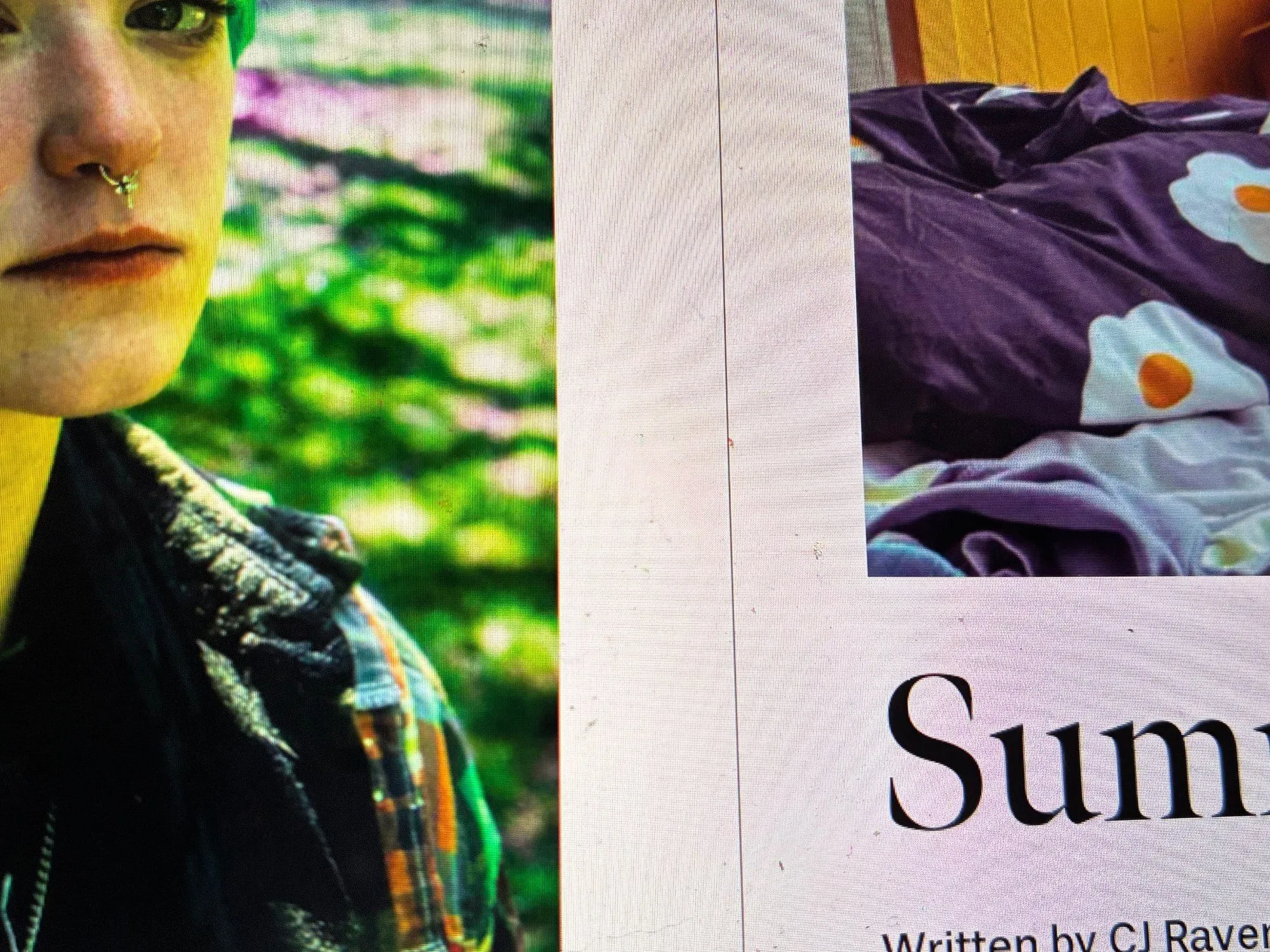 Close-up of a person with a nose ring and plaid shirt beside a page titled "Summer" written by CJ Raven