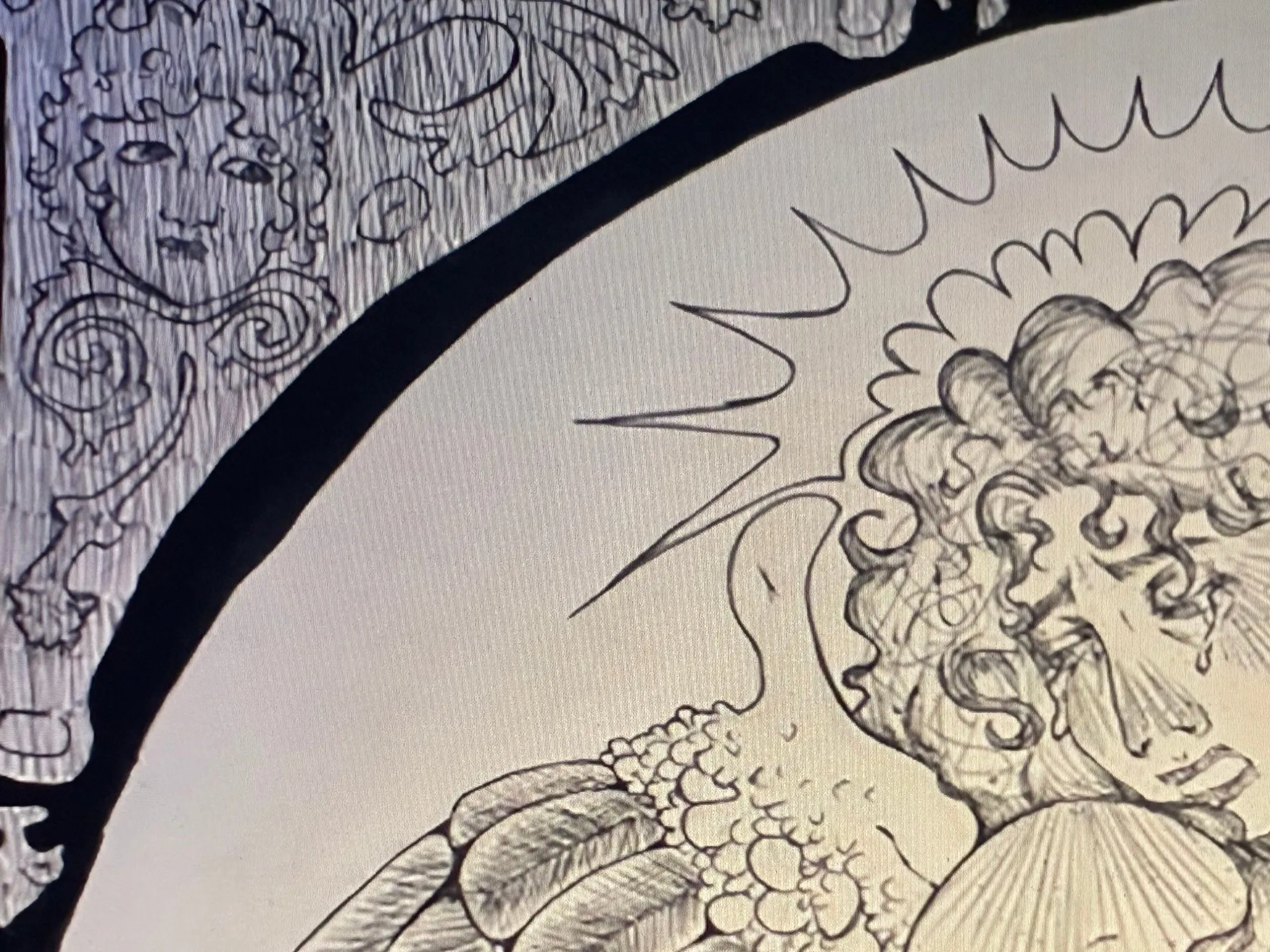 Pen illustration of an angel with curly hair and feathered wings inside a decorative border